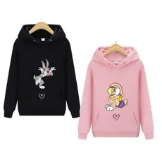 Moletom Casal Blusa Canguru Inverno Com Capuz Com Bolso Pernalonga e Lola Desenhos Animados looney tunes