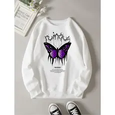 Moletom Gola Careca Feminino Borboleta Tribal Blusa de Frio Sem Capuz Sem Bolso