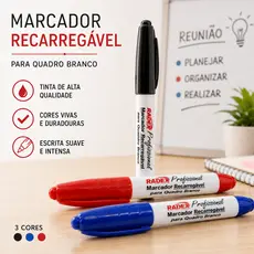 Kit Caneta Marcador Recarregável Para Quadro Branco 3 Pincel Cores Diversas