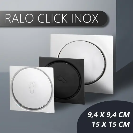 Ralo Click Inteligente 9,4x9,4 cm/15x15 cm Cromado Preto Inox Piso Banheiro Quadrado