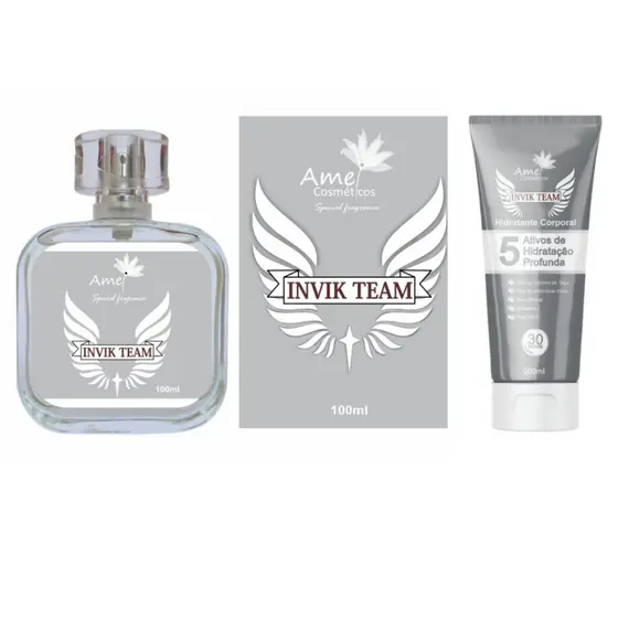 Kit Perfume e Hidratante Masculino Invik Team Amei Cosmeticos Alta Fixação 33% de Essência Importada