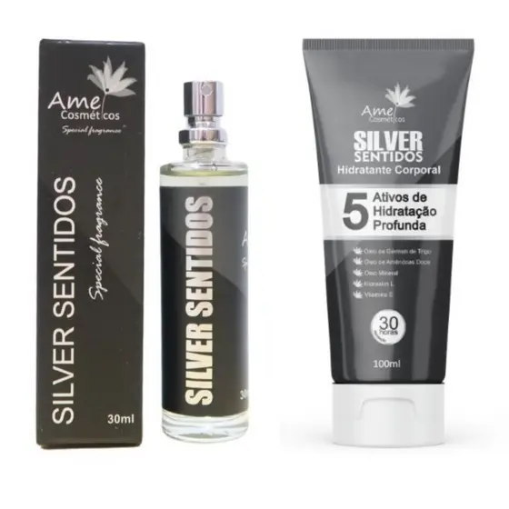 Kit Perfume 30ml e Hidratante 100ml Masculino Silver Sentidos Amei Cosméticos Alta Fixação 33% de Essência Importada