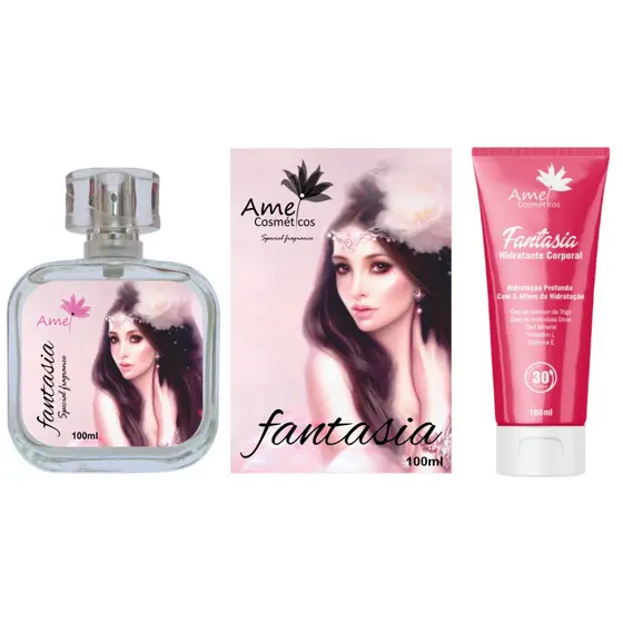 Kit Perfume e Hidratante Feminino Fantasia Amei Cosméticos Alta Fixação Essência Importada