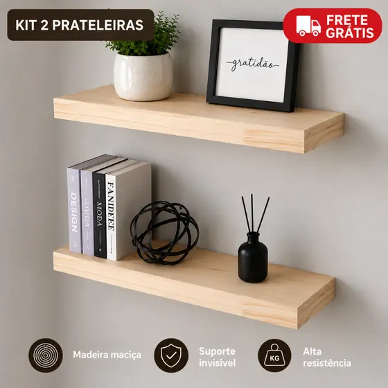 Kit 2 Prateleiras Flutuantes Madeira Maciça 70cm Suporte Invisível Decoração Instalação Fácil