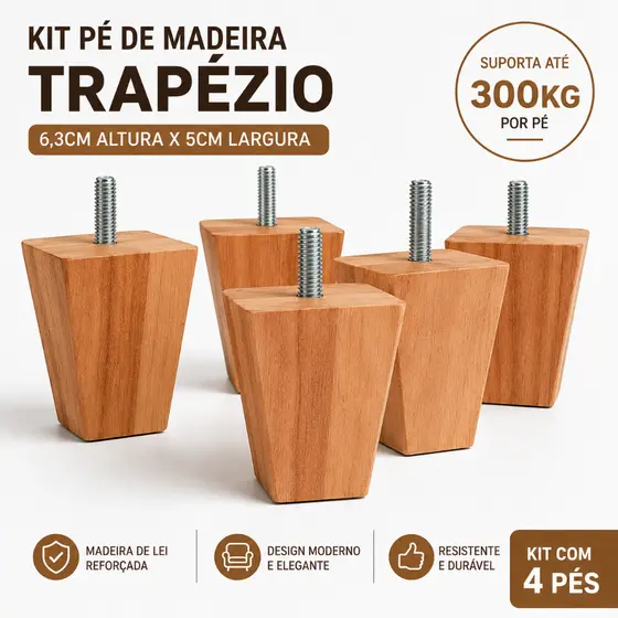 Kit Pé para Móveis Madeira de Lei l Trapézio 6cm Altura Ajustável para Cama Box Sofá Móveis | Reforçado Regulável
