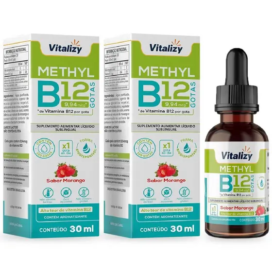 Kit 2x30ml Vitamina B12 Metilcobalamina Gotas Alto Teor 320 Gotas 414%VD Rápida Absorção Zero Açúcar Vitalizy