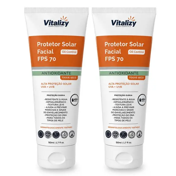 Kit 2x50ml Protetor Solar Facial FPS 70 Oil Control Antioxidante Toque Seco Alta Proteção Solar UVA UVB Vitalizy