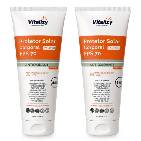 Kit 2x200ml Protetor Solar Corporal 70 FPS Oil Control Antioxidante Toque Seco Alta Proteção Solar UVA UVB Vitalizy