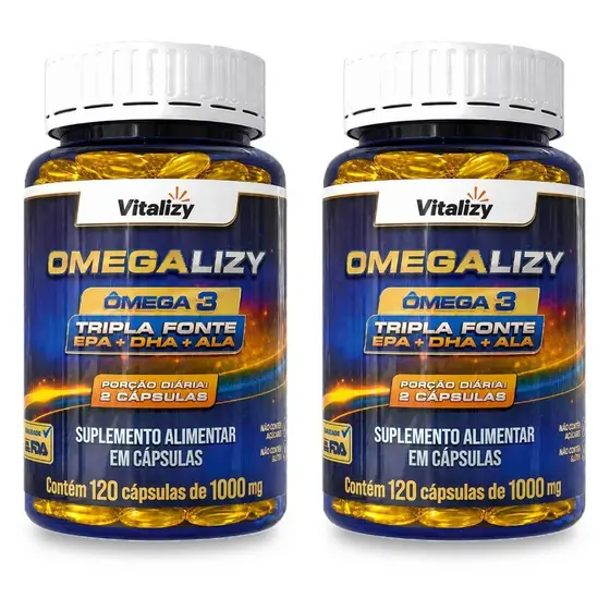 Kit 2x120 Cápsulas Ômega 3 Tripla Fonte 1000mg Vitalizy EPA DHA ALA Alto Teor Premium Original