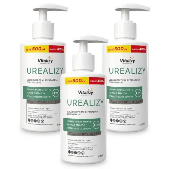 Kit 3x500ml Loção Hidratante Ureia 10% Todos os Tipos de Pele Corporal Ultra Hidratação Vitalizy