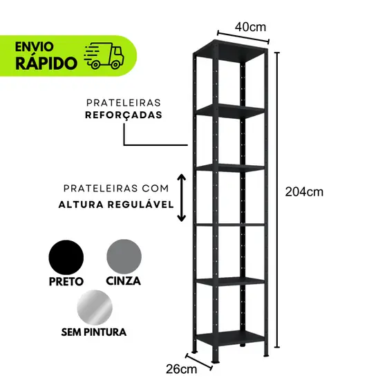 Estante Prateleira Aço Ferro Multiuso 6 Prateleiras 204cm X 40cm - Organização Casa - Preto - Cinza - Branco