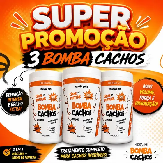Kit 3 Bomba Cachos 1Kg Hidralize Creme de Pentear Bomba Cachos Hidralize 1Kg
