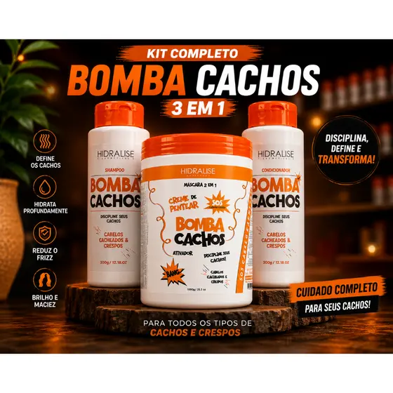 Shampoo + Condicionadorr Bomba Cachos + Creme Ativador de Cachos 1 Kg Hidralize Bomba Cachos