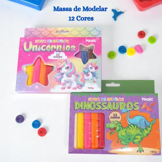 Massinha de Modelar 12 Cores Unicórnios ou Dinossauros 180g Magic