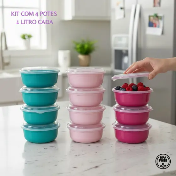 Kit 4 Potes Plásticos Redondo com Tampa 1 Litro Marmitas Cozinha Hermético Excelente Vedação