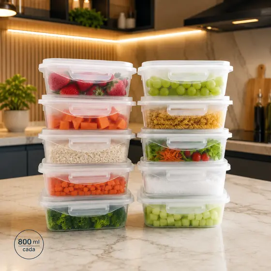 Kit 10 Potes Tampa Trava Herméticos 800ml Marmita Plástico Livre BPA Freezer Micro-ondas Organizador