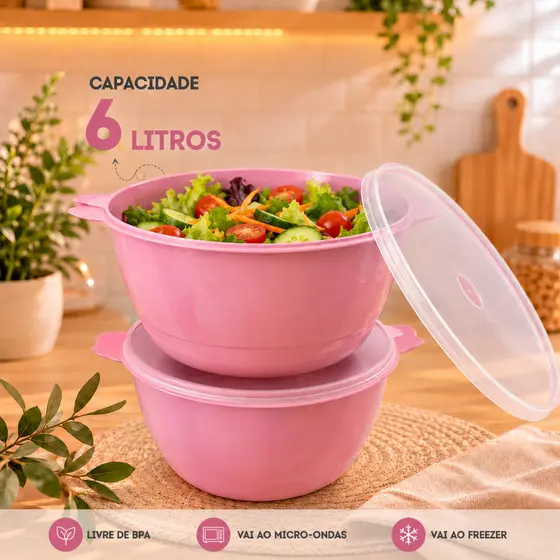2 Bowls Saladeira 6 Litros Plástica Grande com Tampa Multiuso Tigela Pote Microondas Freezer