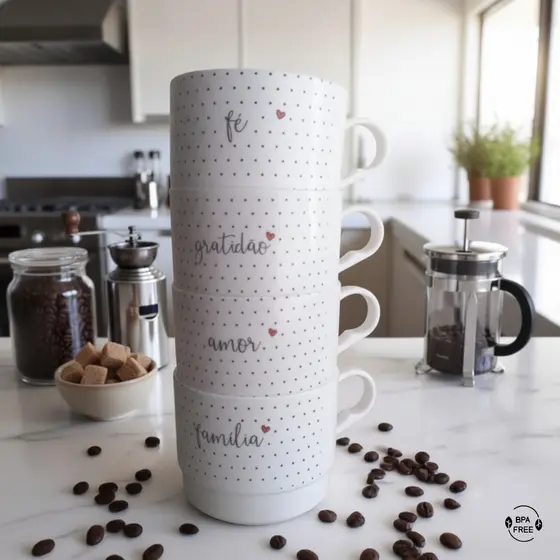 Jogo com 4 Xícaras de Café em Acrílico 200 ml Empilhavél Frases Canecas Decorativas Cozinha