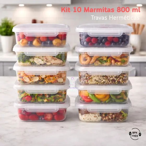 10 Marmitas Potes 800ml Travas Laterais Hermeticas Livre BPA Cozinha Frezer Organizador Fitness