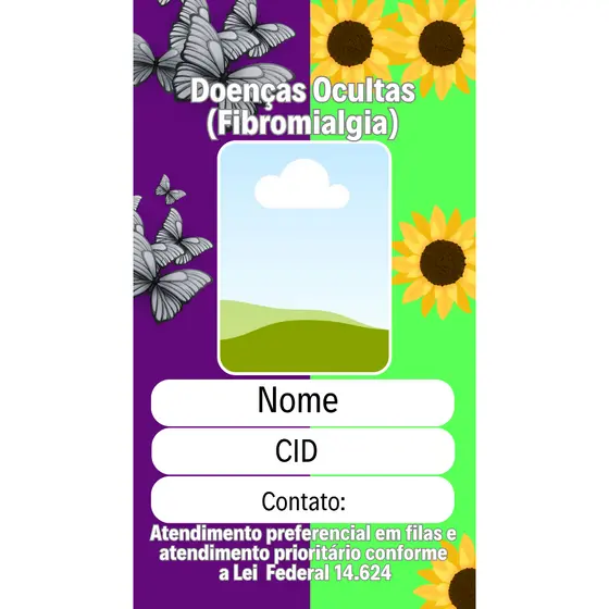 Crachá personalizado identificação Fibromialgia e girassol deficiência oculta
