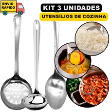 Kit De Utensílios Inox Para Cozinha Colher De Arroz E Concha de Feijão E Escumadeira de Frituras