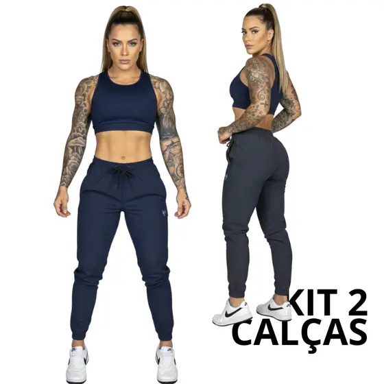 kit 2 Calças Feminina Modelo Jogger Tactel Leve Flexível com Elástico e Cordão