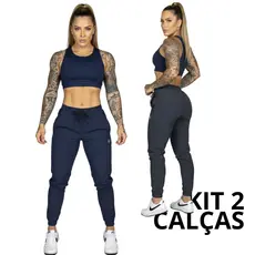 kit 2 Calças Feminina Modelo Jogger Tactel Leve Flexível com Elástico e Cordão