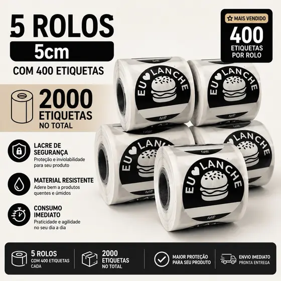 5 ROLOS ETIQUETAS REDONDAS PARA LANCHES DELIVERY HAMBURGUER 5X5CM IFOOD