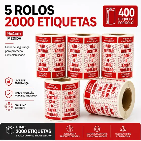 5 ROLOS LACRES DELIVERY MARMITA ADESIVO SEGURANÇA IFOOD ETIQUETA RAPPI