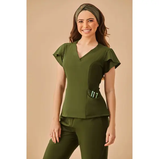 Scrub Feminino - Acinturado Verde Militar/Escuro - Julia Premium Enfermeiras, Medicas, Veterinárias