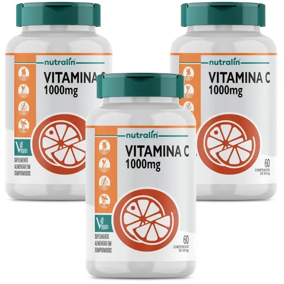 Combo 3 Vitamina C 1000mg Vegano 60 Comp Nutralin Acido Ascórbico