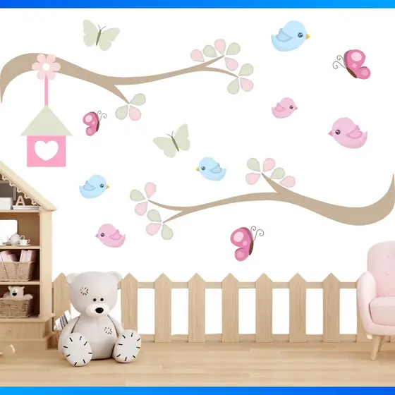 Adesivo de Parede Infantil Galhos e Pássaros Passarinhos Quarto Menina - OFERTA