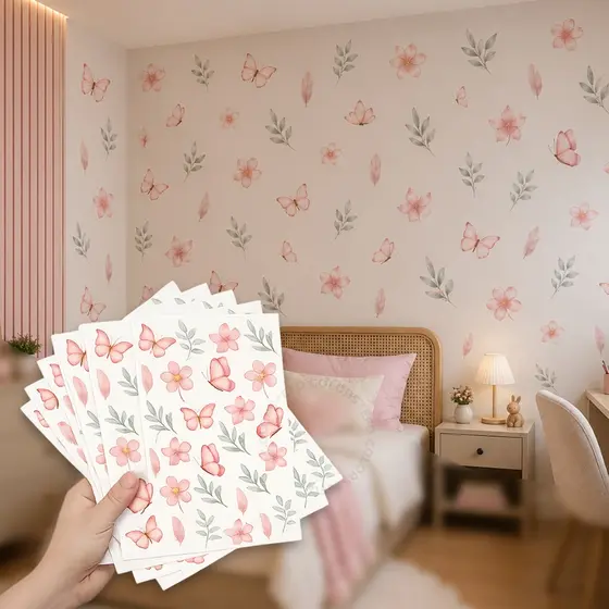 Adesivo De Parede Decorativo Borboletas Floral Raminhos Flores Rosa Quarto Menina Feminino