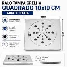 Ralo Tampa Grelha Quadrado 10x10 Inox Abre Fecha Rotativo Banheiro Anti Insetos