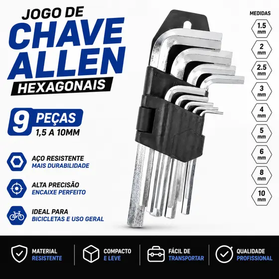 Jogo Chave Allen Hexagonal 9 Peças 1,5 a 10mm Ferramentas