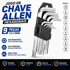 Jogo Chave Allen Hexagonal 9 Peças 1,5 a 10mm Ferramentas