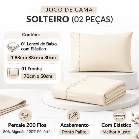Jogo de Lençol Solteiro Percal 180 Fios 2 Peças Ponto Palito Bege Palha