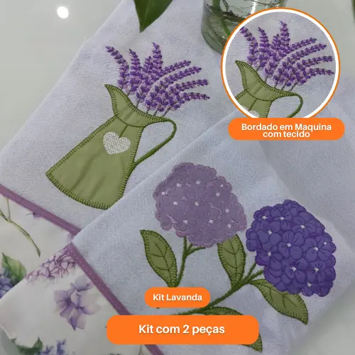Kit 2 Pano de Prato Lavanda e Pimenta 100% Algodão bordado