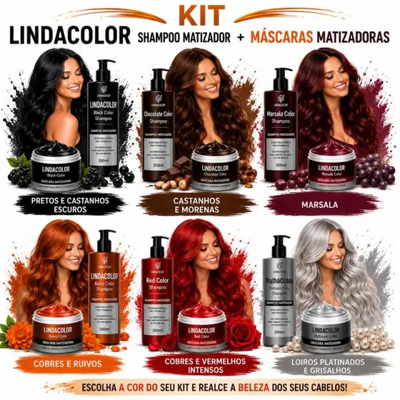 KIT SHAMPOO + CREME TONALIZANTE LINDACOLOR Sem Amônia Avelã, Preto, Marsala, Loiro, Vermelho, Ruivo, Platinum