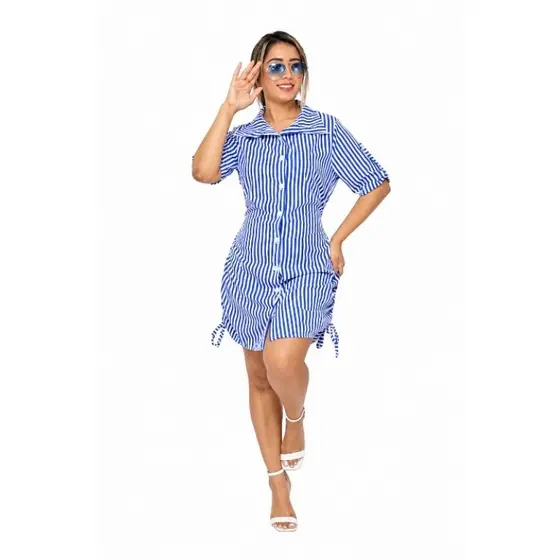 Vestido Chemise Feminino Social Curto Manga Curta com Botões e Ajuste na Cintura - Liso e Listrado