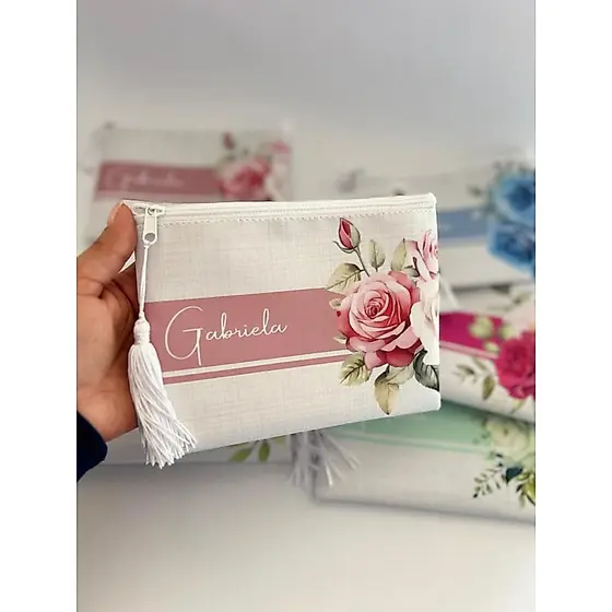 Kit 10 Necessaire Slim Personalizada com Pingente para Casamento, Madrinhas, 15 anos, Logomarca