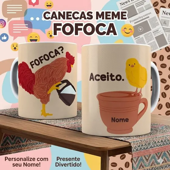 Caneca Fofoca Aceito Personalizada Galinha Engraçada Divertida Meme
