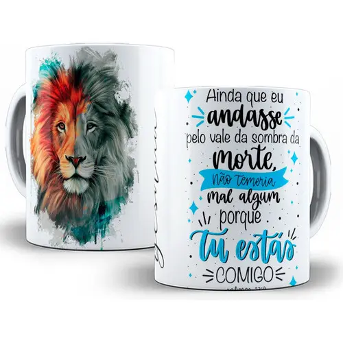 Caneca Gospel Jesus Leão De Judá Yeshua Salmo 23/4 Xícara Porcelana 325ml Personalizada Presente