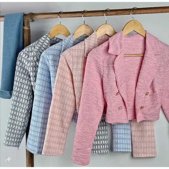 Blazer Feminino Tweed - Jaqueta/Casaco Estilo Curto Tweed Moda Coreana 2024