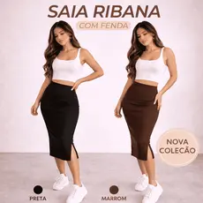 Saia Ribana Midi com Fenda Lateral Feminina Justa Moda Blogueira