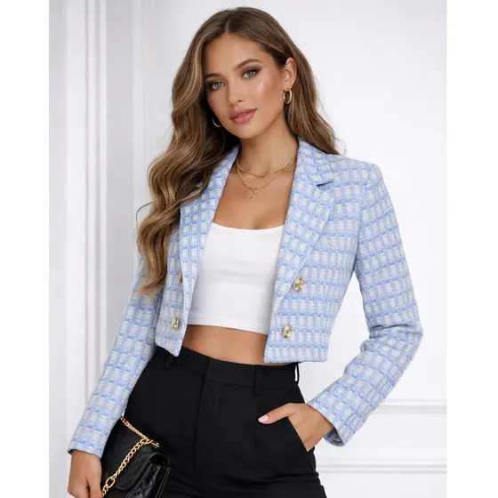Blazer Feminino Cropped Tweed Premium Xadrez Botões Dourados Moda Elegante Chic