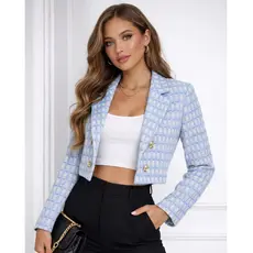 Blazer Feminino Cropped Tweed Premium Xadrez Botões Dourados Moda Elegante Chic