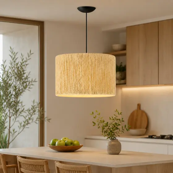 Lustre Shalon Pendente Sisal Natural Cúpula Cilíndrica 30x40cm Decorativo Sala Cozinha Quarto