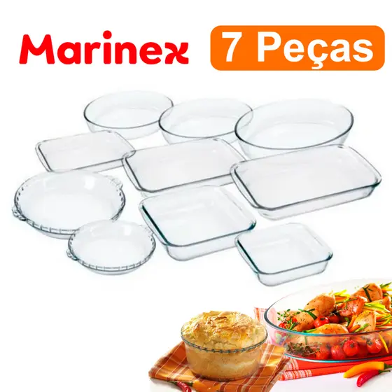 Kit Conjunto Marinex 7 peças jogo de Travessas Variadas Assadeiras em Vidro Temperado Nadir própria Para Forno