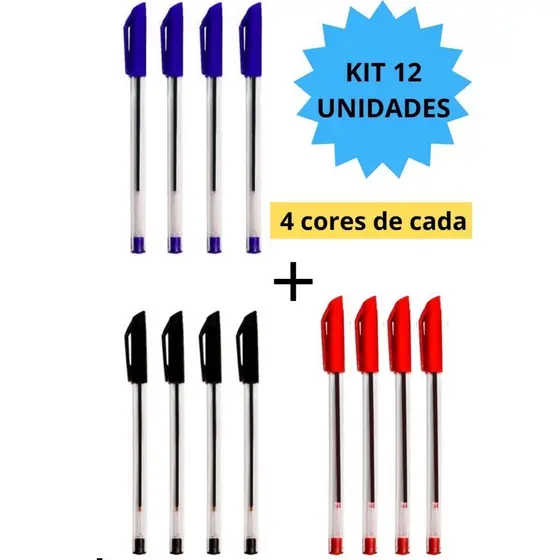 Kit 12 Canetas Esferográficas Ponta Média Simple Azul Preta Vermelha Escolar Escritório Leo&Leo